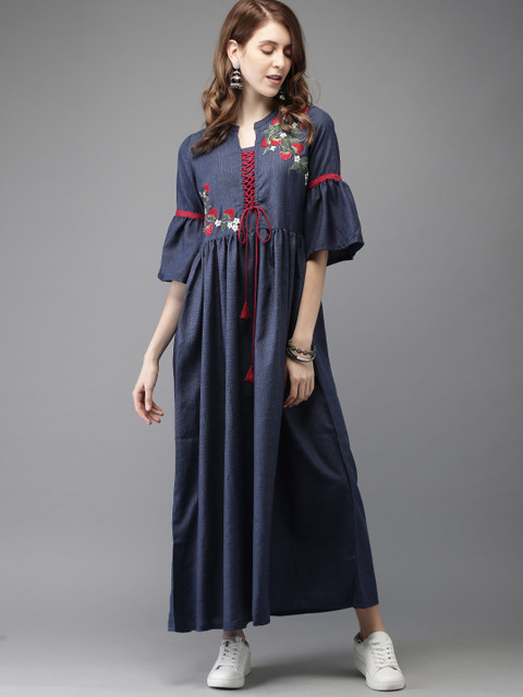 

Anouk Women Navy Blue Yoke Design A-Line Kurta