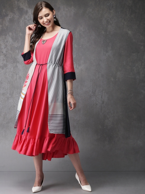 

Anouk Women Pink & Navy Solid A-Line Kurta with Shrug