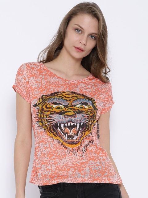 

Ed Hardy Peach-Coloured & Off-White Burnout Print Top