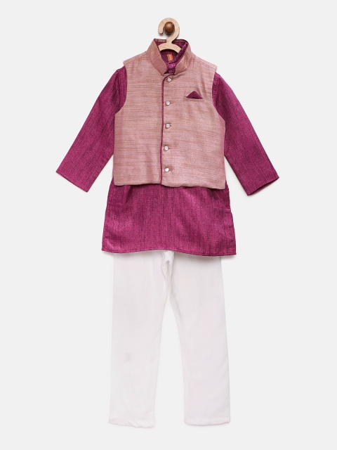 

Ethnicity Boys Magenta & White Solid Kurta with Pyjamas and Nehru Jacket
