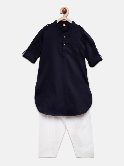 

Ethnicity Boys Navy Blue & White Solid Kurta with Pyjamas