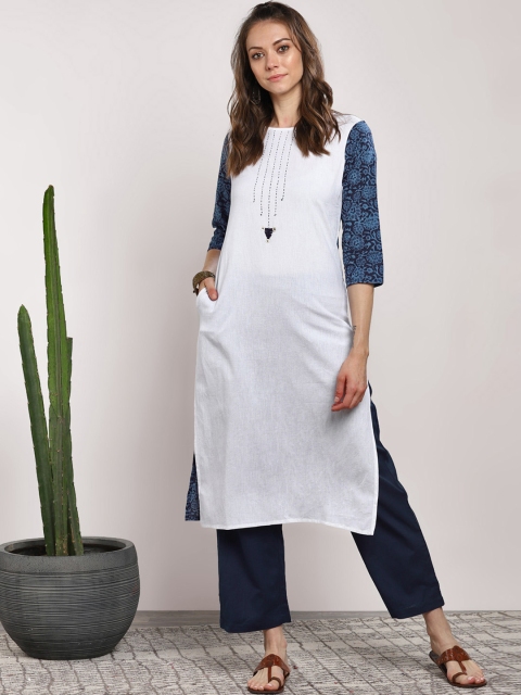 

Sangria Women White & Blue Solid Straight Kurta