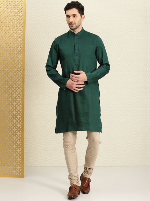 

House of Pataudi Men Olive Green Solid Straight Kurta