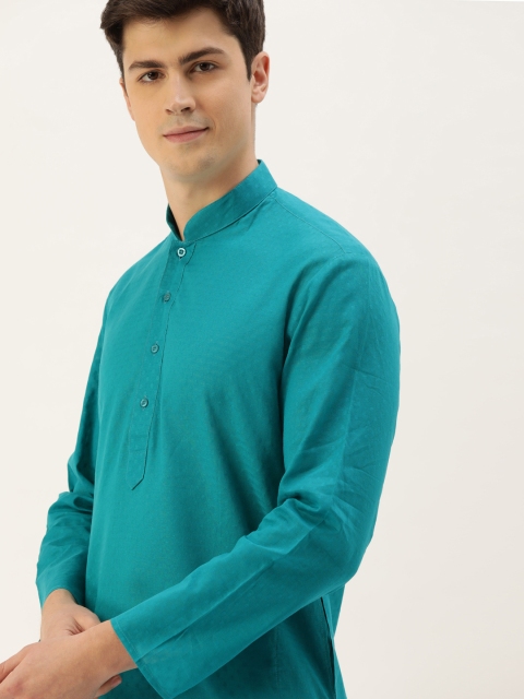 

House of Pataudi Men Teal Blue Woven Design Straight Kurta