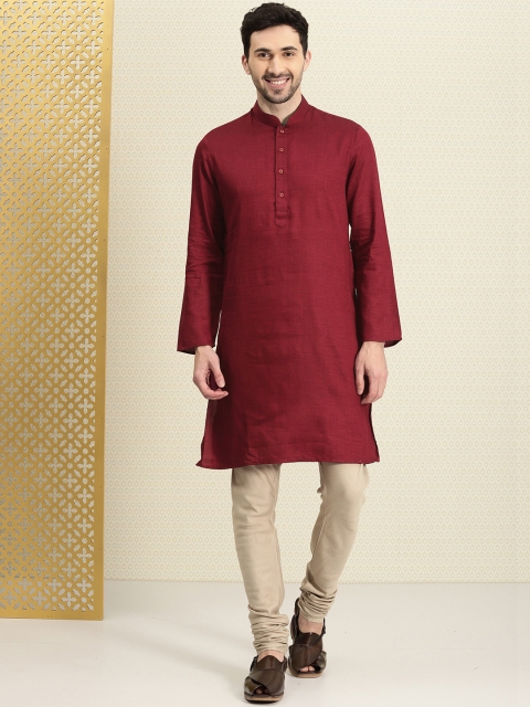 

House of Pataudi Men Maroon Solid Straight Kurta