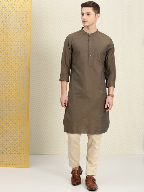 

House of Pataudi Men Olive Green Woven Design Straight Kurta