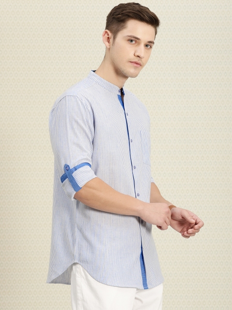 

House of Pataudi Men White & Blue Regular Fit Striped Casual Shirt