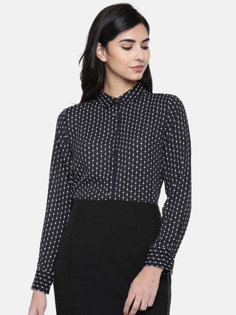 

Van Heusen Woman Navy Blue & White Regular Fit Printed Semiformal Shirt