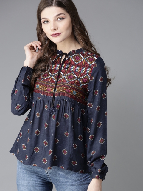 

HERE&NOW Women Navy Blue Printed A-Line Top