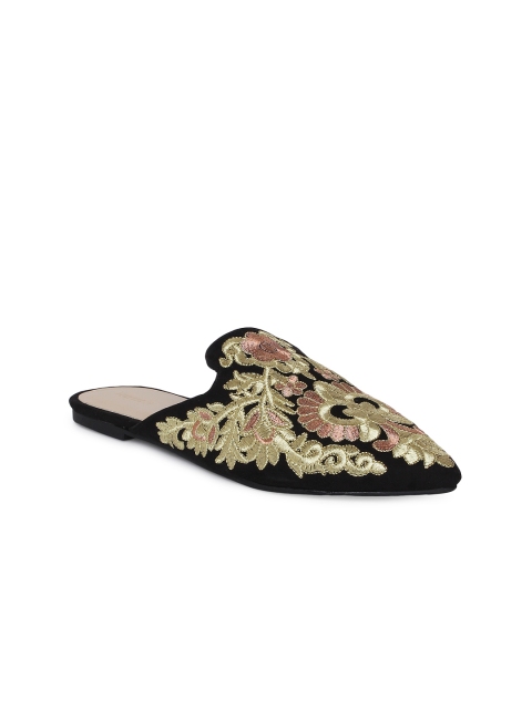 

FOREVER 21 Women Gold-Toned & Black Embroidered Mules
