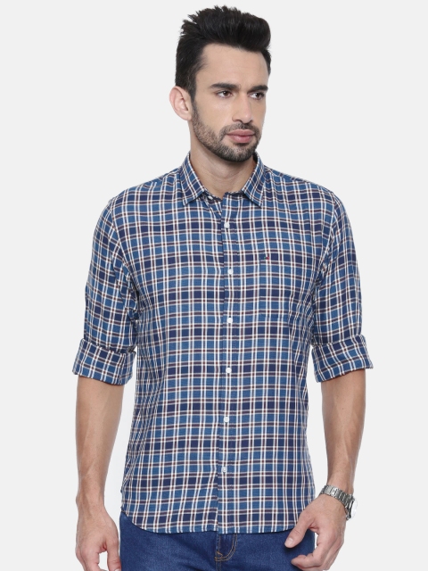 

Peter England Casuals Men Teal Blue & Off-White Slim Fit Checked Casual Shirt