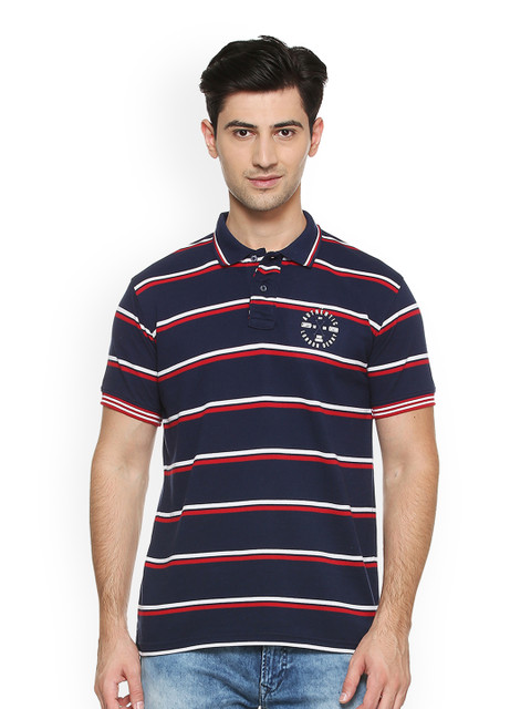 

Peter England Men Navy Blue Striped Polo Collar T-shirt
