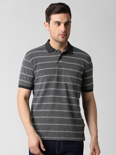 

Peter England Men Grey & White Striped Polo Collar T-shirt