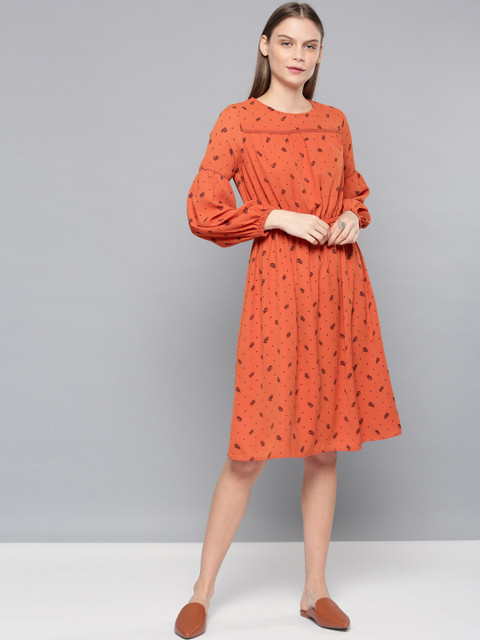 

Chemistry Women Rust Orange Printed A-Line Dress
