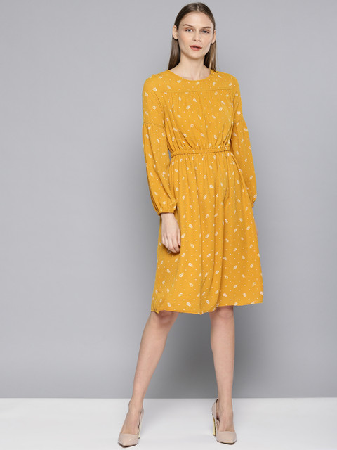 

Chemistry Women Mustard Yellow & White Fit and Flare Dress