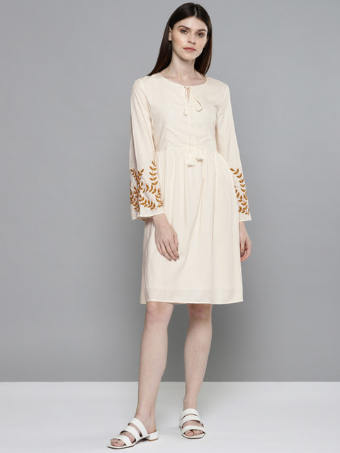

Chemistry Women Cream-Coloured Fit and Flare Dress with Embroidered Detail
