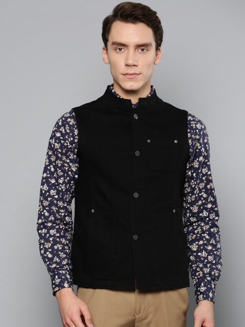 

Blackberrys Men Black Denim Solid Slim Fit Pure Cotton Nehru Jacket