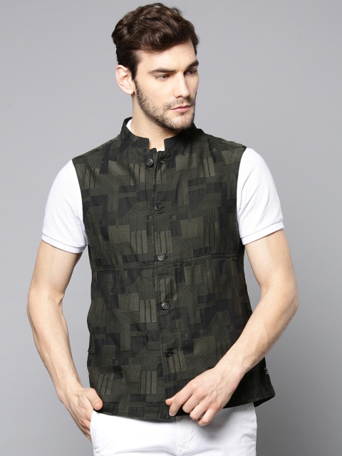 

Blackberrys Men Olive Green & Black Self Design Slim Fit Nehru jacket