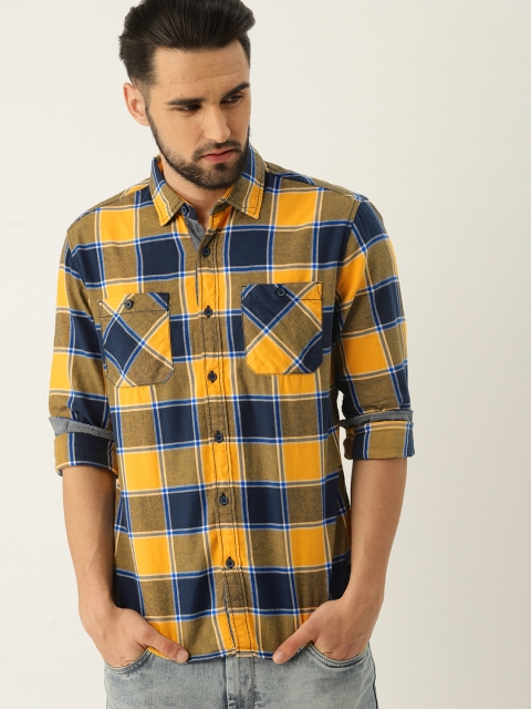 

ESPRIT Men Yellow & Navy Blue Slim Fit Checked Casual Shirt