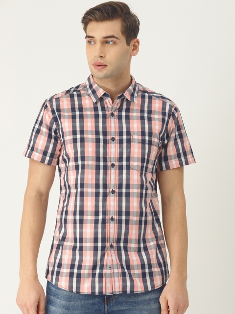 

ESPRIT Men Pink & Navy Blue Regular Fit Checked Casual Shirt