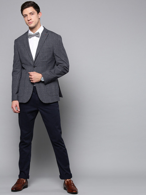 

Blackberrys Men Navy Blue & Grey Checked Single-Breasted Slim Fit Smart Casual Blazer