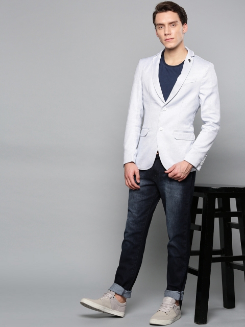 

Blackberrys Men White & Blue Self Design Slim Fit Single-Breasted Casual Blazer