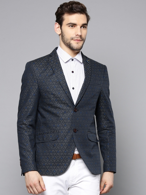 

Blackberrys Men Navy Blue & Grey Printed Slim Fit Single-Breasted Smart Casual Pure Cotton Blazer