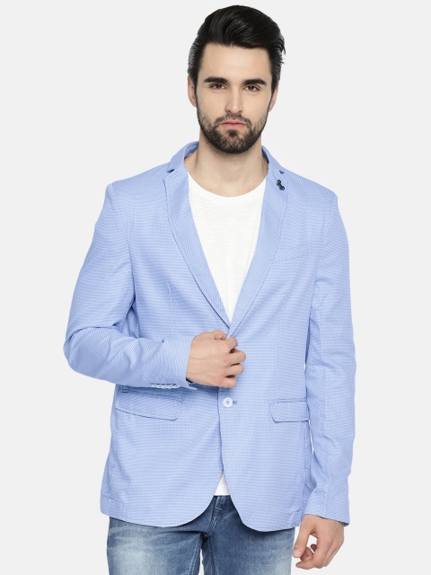 

Blackberrys Men Blue & White Self Design Slim Fit Single-Breasted Smart Casual Blazer