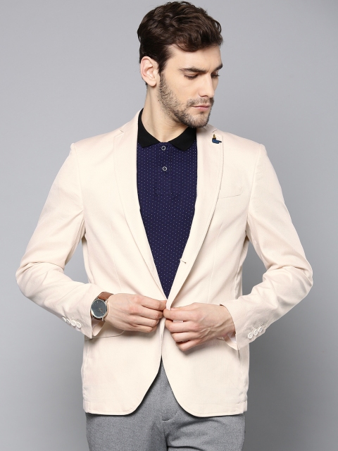 

Blackberrys Men Cream-Coloured Textured Slim Fit Single-Breasted Smart Casual Pure Cotton Blazer