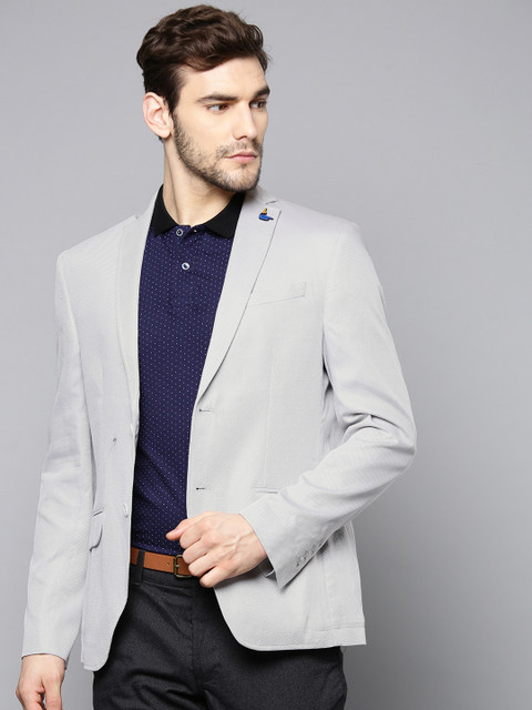 

Blackberrys Men Grey Self-Design Slim Fit Single-Breasted Casual Blazer