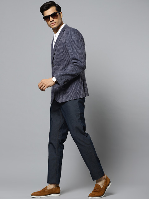 

Blackberrys Men Navy Blue & Grey Self Design Slim Fit Single-breasted Smart Casual Blazer