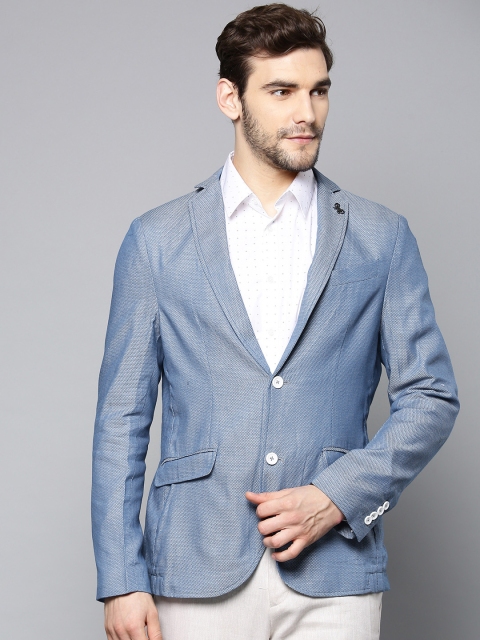 

Blackberrys Men Blue Slim Fit Self-Design Single-Breasted Smart Casual Pure Cotton Blazer