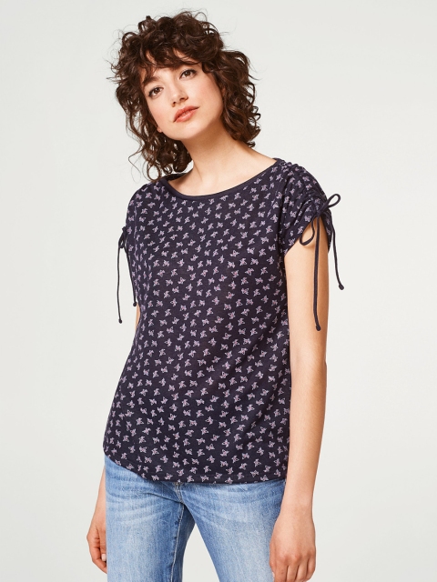 

ESPRIT Women Navy Blue & Pink Printed Top