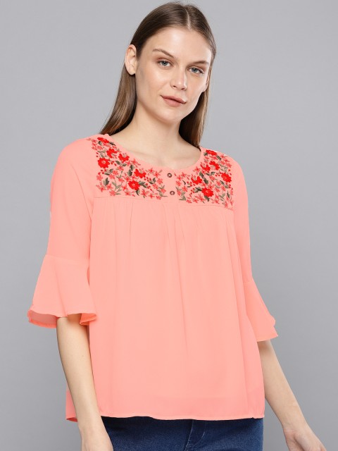 

Chemistry Women Peach-Coloured Solid Embroidered Boxy Top