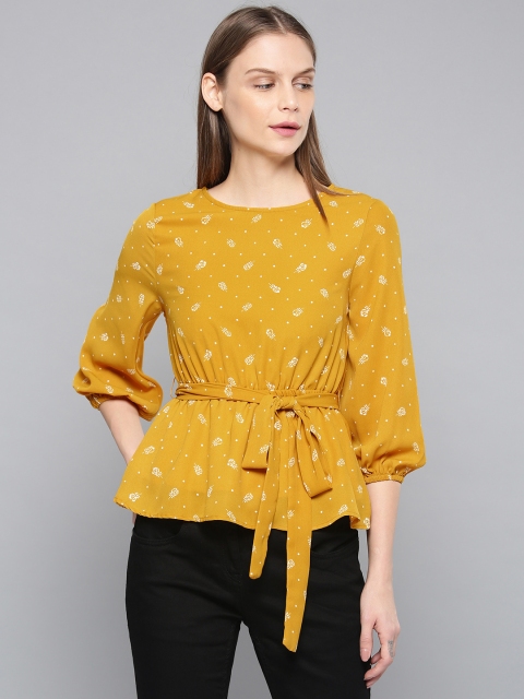 

Chemistry Women Mustard Yellow Printed Cinched Waist Top