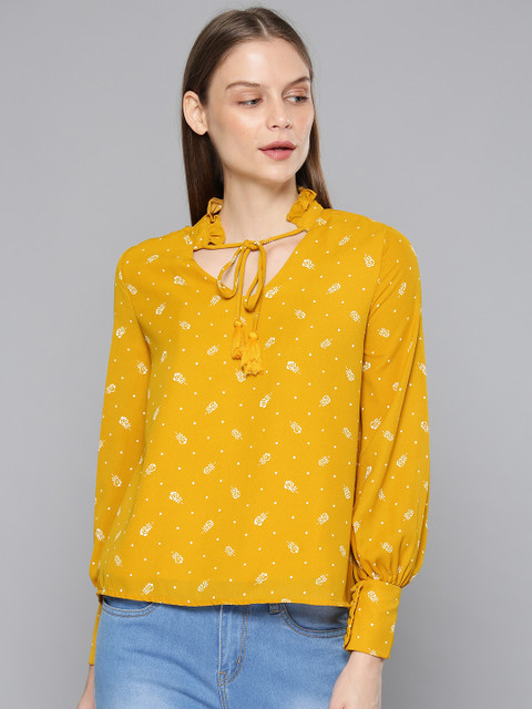 

Chemistry Women Mustard Yellow & White Printed Regular Top