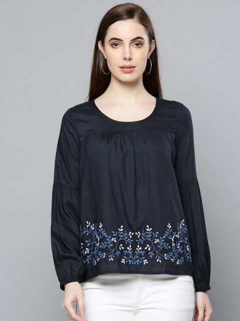 

Chemistry Women Navy Blue A-Line Top with Embroidered Detail