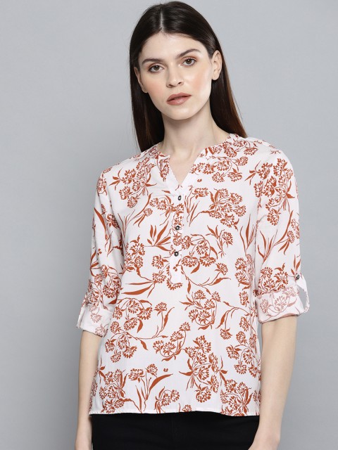 

Chemistry Women White & Rust Brown Printed Shirt-Style Top