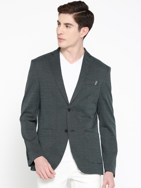 

Blackberrys Men Green & Black Slim Fit Self-Design Single-Breasted Pure Cotton Blazer