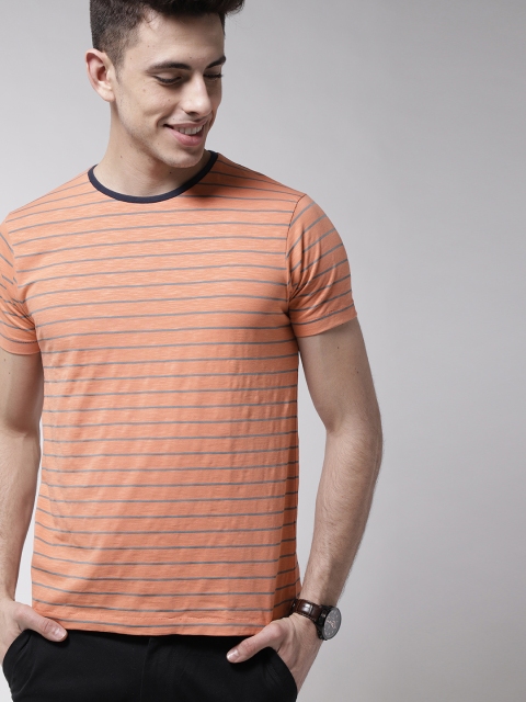 

Mast & Harbour Men Peach-Coloured Striped Round Neck T-shirt