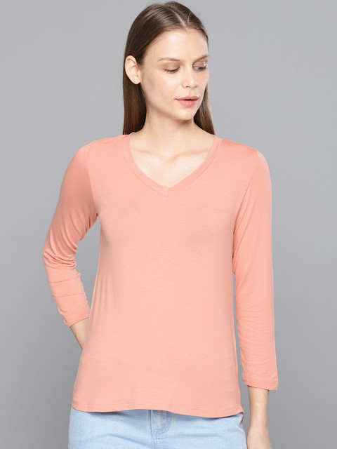 

Chemistry Women Peach-Coloured Solid V-Neck T-shirt