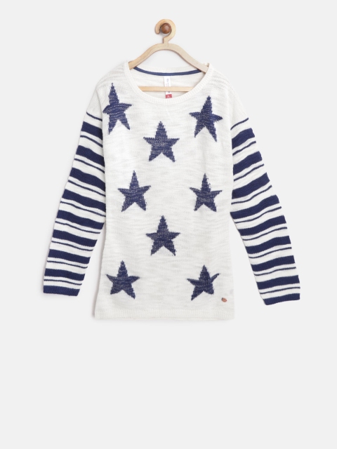 

U.S. Polo Assn. Girls Off-White & Navy Blue Self Design Longline Sweater