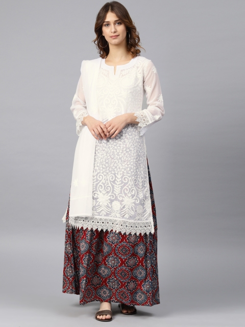 

Saadgi Women White Chikan Embroidered Straight Kurta with Dupatta
