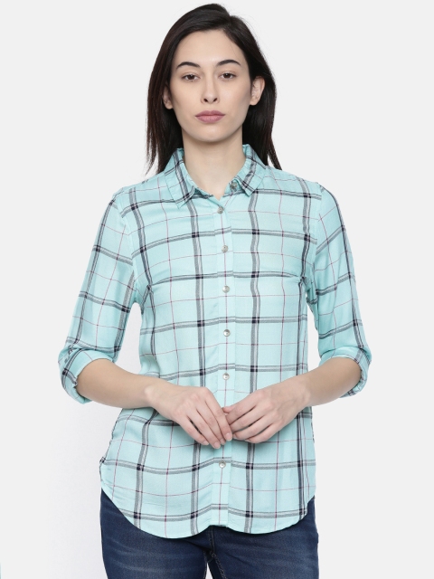 

Allen Solly Woman Sea Green & Black Regular Fit Checked Casual Shirt