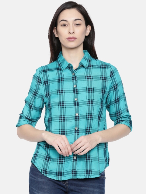 

Allen Solly Woman Turquoise Blue Regular Fit Checked Casual Shirt