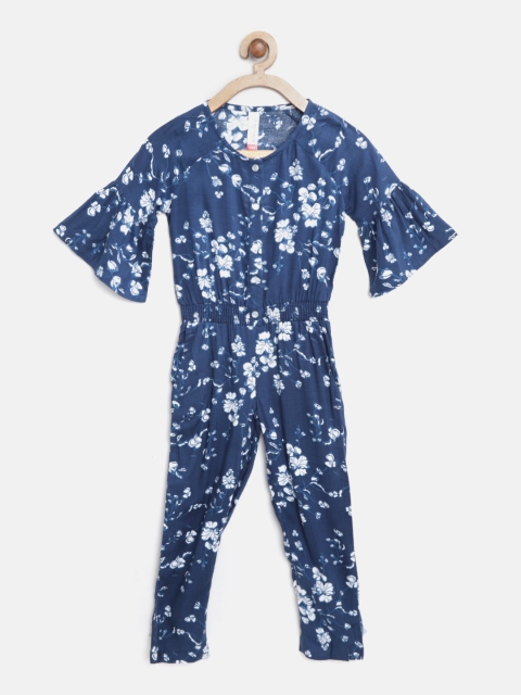 

U.S. Polo Assn. Kids Girls Navy Blue & White Floral Print Basic Jumpsuit