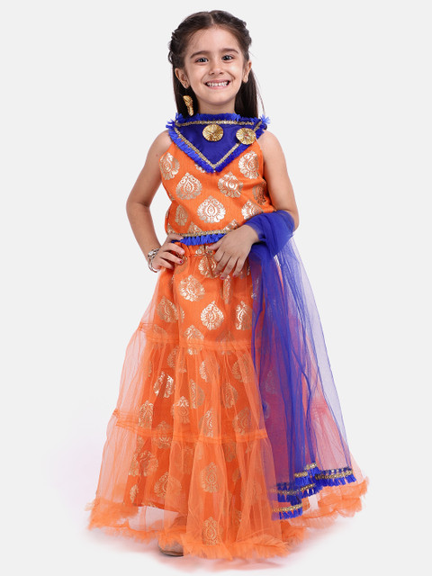 

BownBee Girls Orange & Blue Printed Ready to Wear Lehenga & Blouse with Dupatta