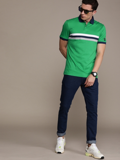 

Calvin Klein Jeans Men Green & Navy Blue Striped Liquid Touch Polo Collar T-shirt