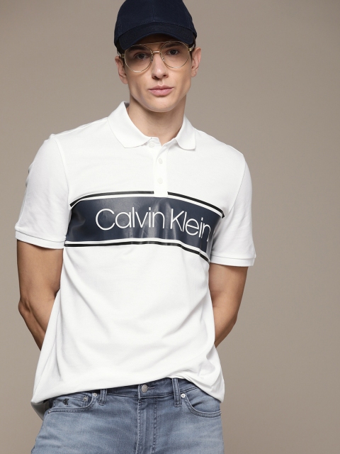 

Calvin Klein Jeans Men White Supima Cotton Printed Polo Collar T-shirt