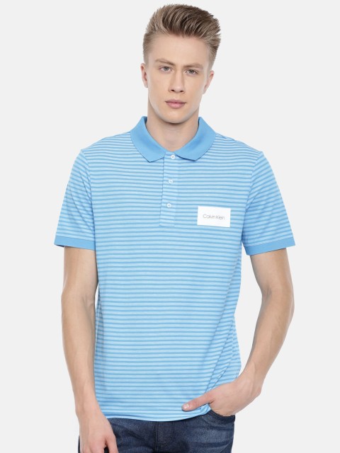 

Calvin Klein Jeans Men Blue & White Striped Polo Collar T-shirt